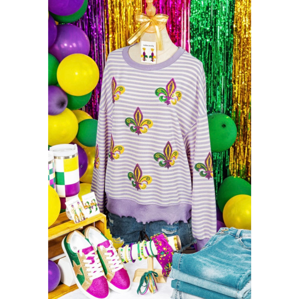 Purple Stripe Mardi Gras Sequin Fleur De Lis Patch Long Sleeve Top - Picture 6 of 11